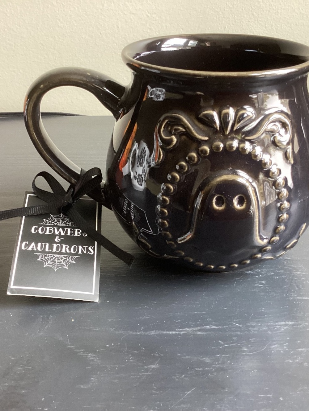 NWT Cobwebs & Cauldrons Black Embossed Ghost Ceramic Coffee Mug 20oz